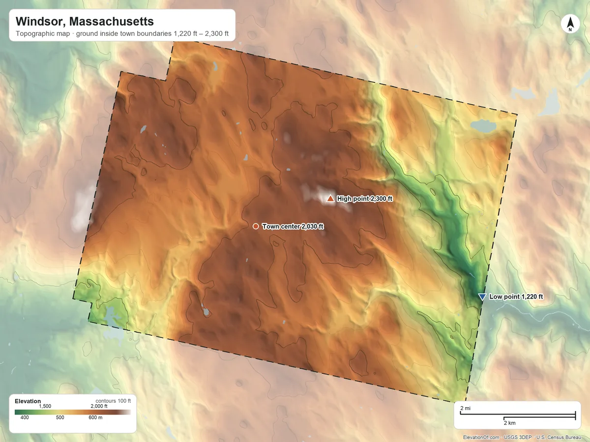 Topographic elevation map of Windsor, Massachusetts, shaded from 1,220 ft on the east side to 2,300 ft on Judges Hill
