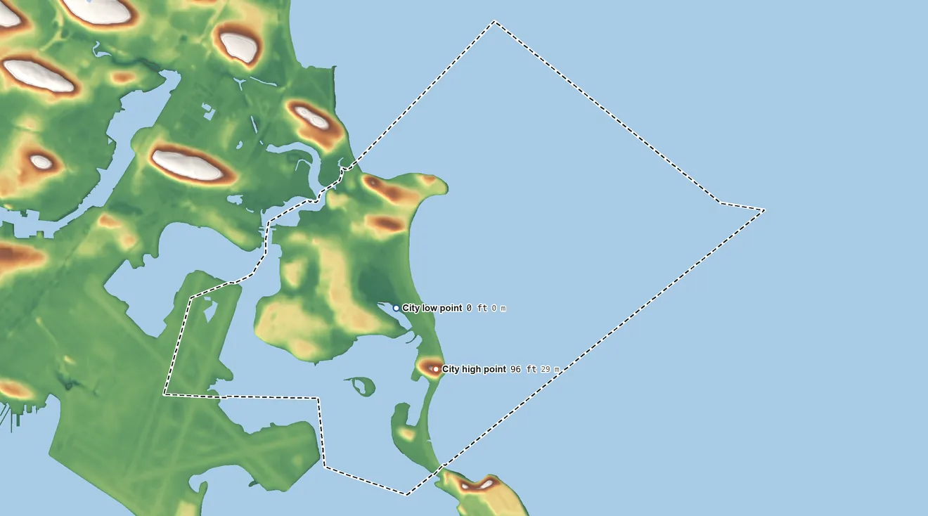 Topographic elevation map of Winthrop Town, Massachusetts, shaded from sea level level on Broad Sound to 96 ft on Cottage Hill
