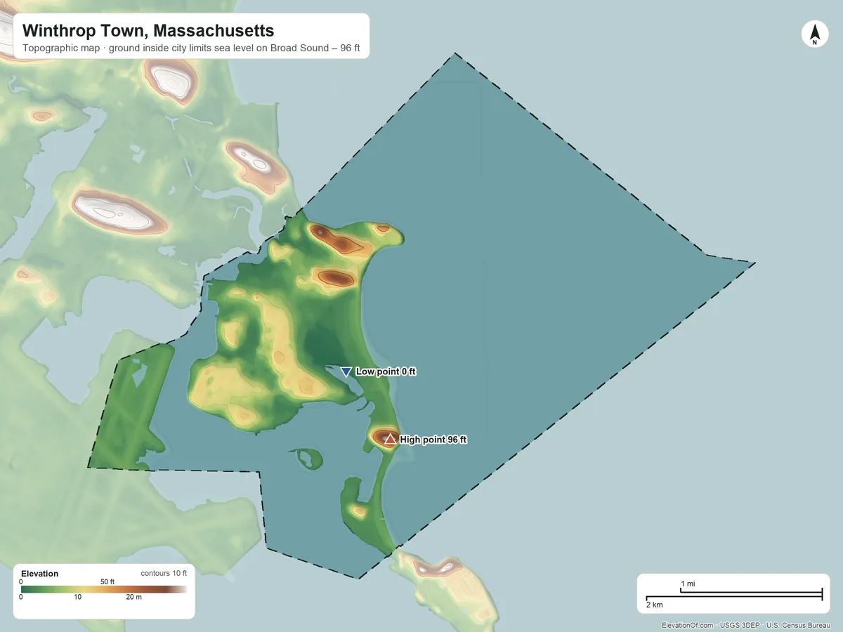 Topographic elevation map of Winthrop Town, Massachusetts, shaded from sea level level on Broad Sound to 96 ft on Cottage Hill