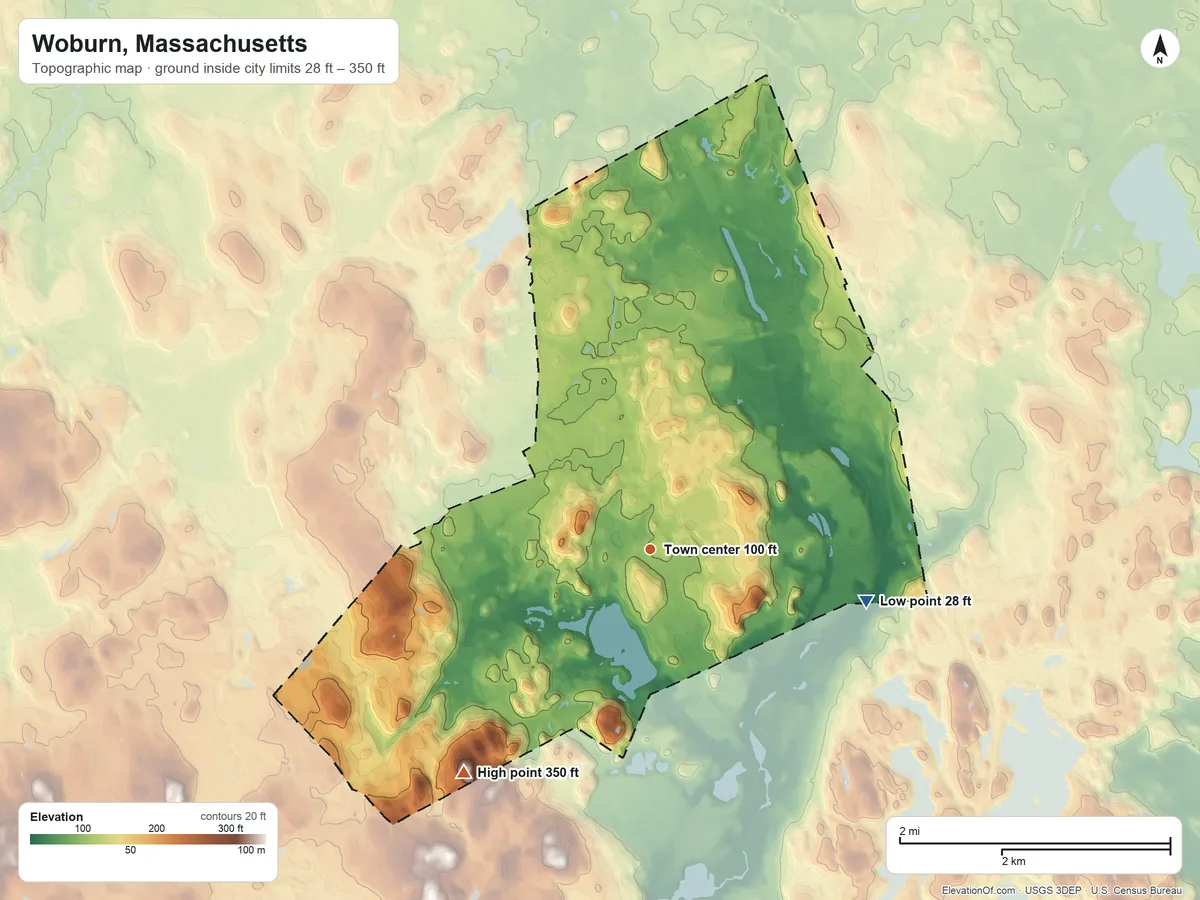 Topographic elevation map of Woburn, Massachusetts, shaded from 28 ft on the east side to 350 ft on Zion Hill