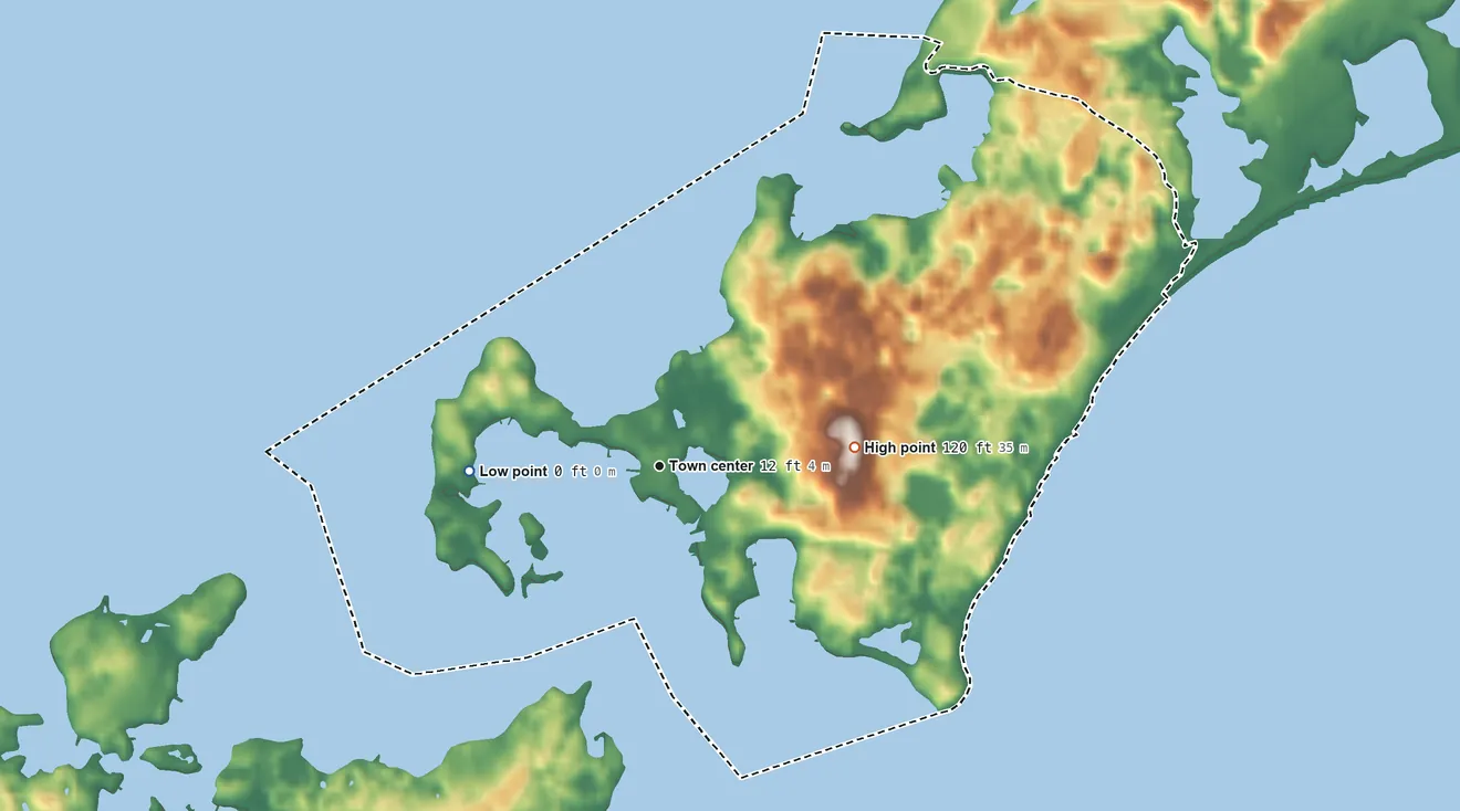 Topographic elevation map of Woods Hole, Massachusetts, shaded from sea level level on Buzzards Bay to 120 ft on the east side