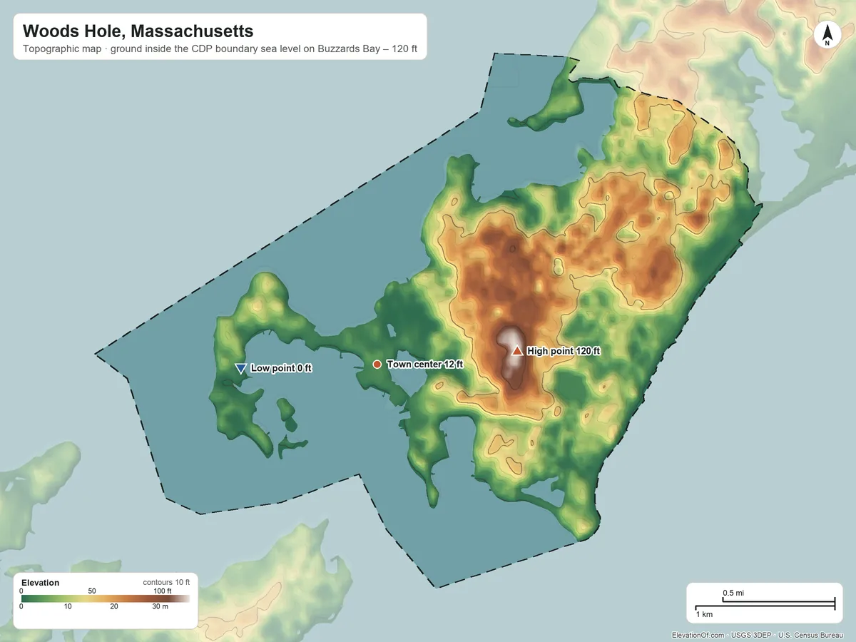 Topographic elevation map of Woods Hole, Massachusetts, shaded from sea level level on Buzzards Bay to 120 ft on the east side