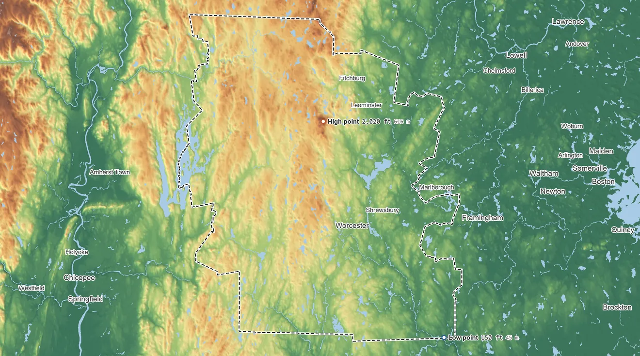 Topographic elevation map of Worcester County, Massachusetts, shaded from 150 ft on the southeast side to 2,020 ft on Wachusett Mountain
