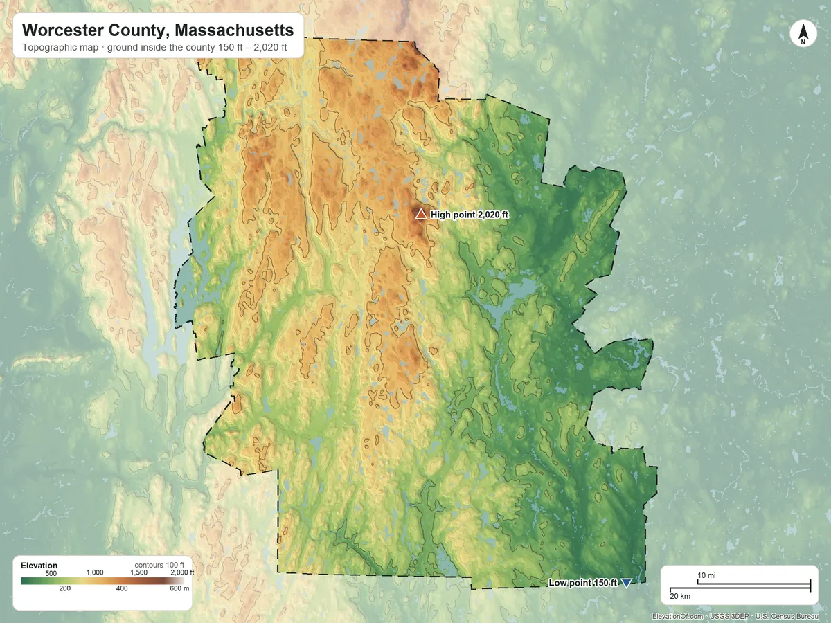 Topographic elevation map of Worcester County, Massachusetts, shaded from 150 ft on the southeast side to 2,020 ft on Wachusett Mountain