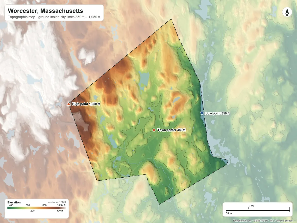 Topographic elevation map of Worcester, Massachusetts, shaded from 350 ft on the east side to 1,050 ft on Eddy Hill