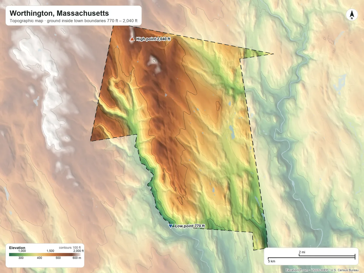 Topographic elevation map of Worthington, Massachusetts, shaded from 770 ft on the south side to 2,040 ft on Bashan Hill