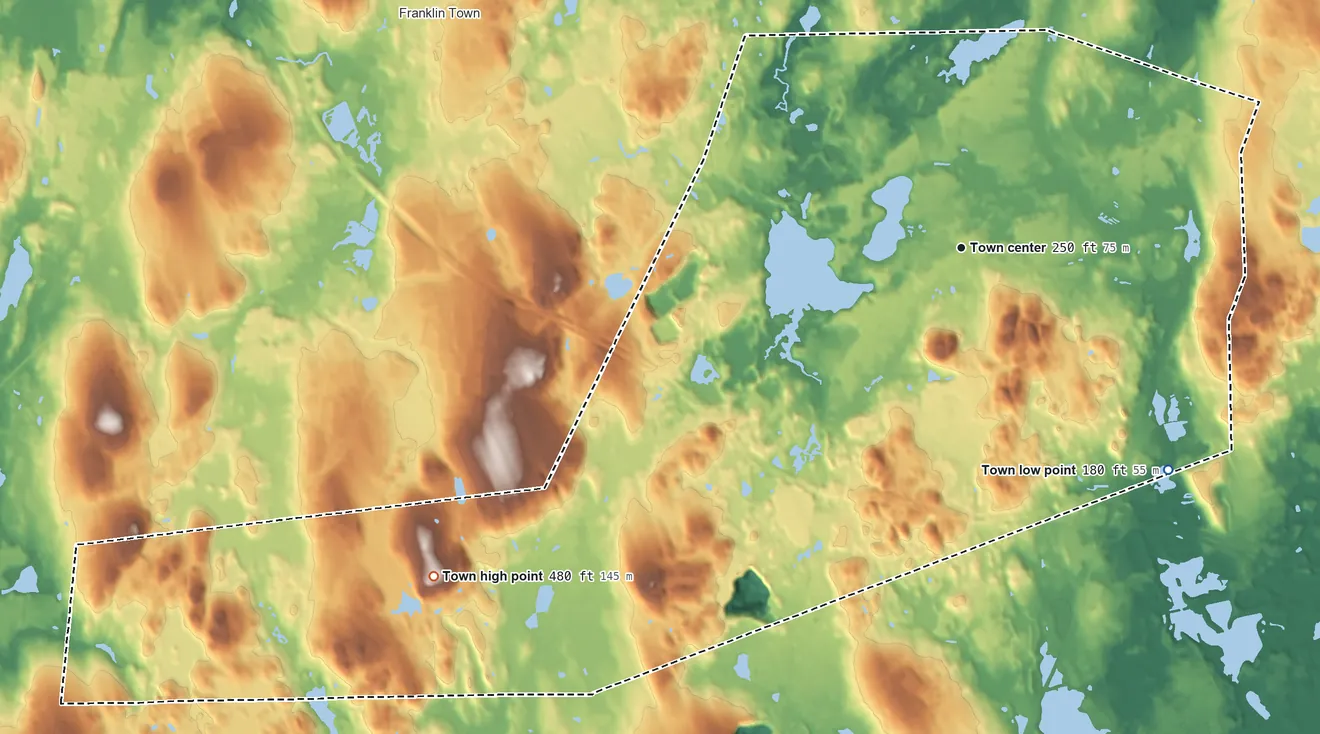 Topographic elevation map of Wrentham, Massachusetts, shaded from 180 ft on the southeast side to 480 ft on Bucks Hill