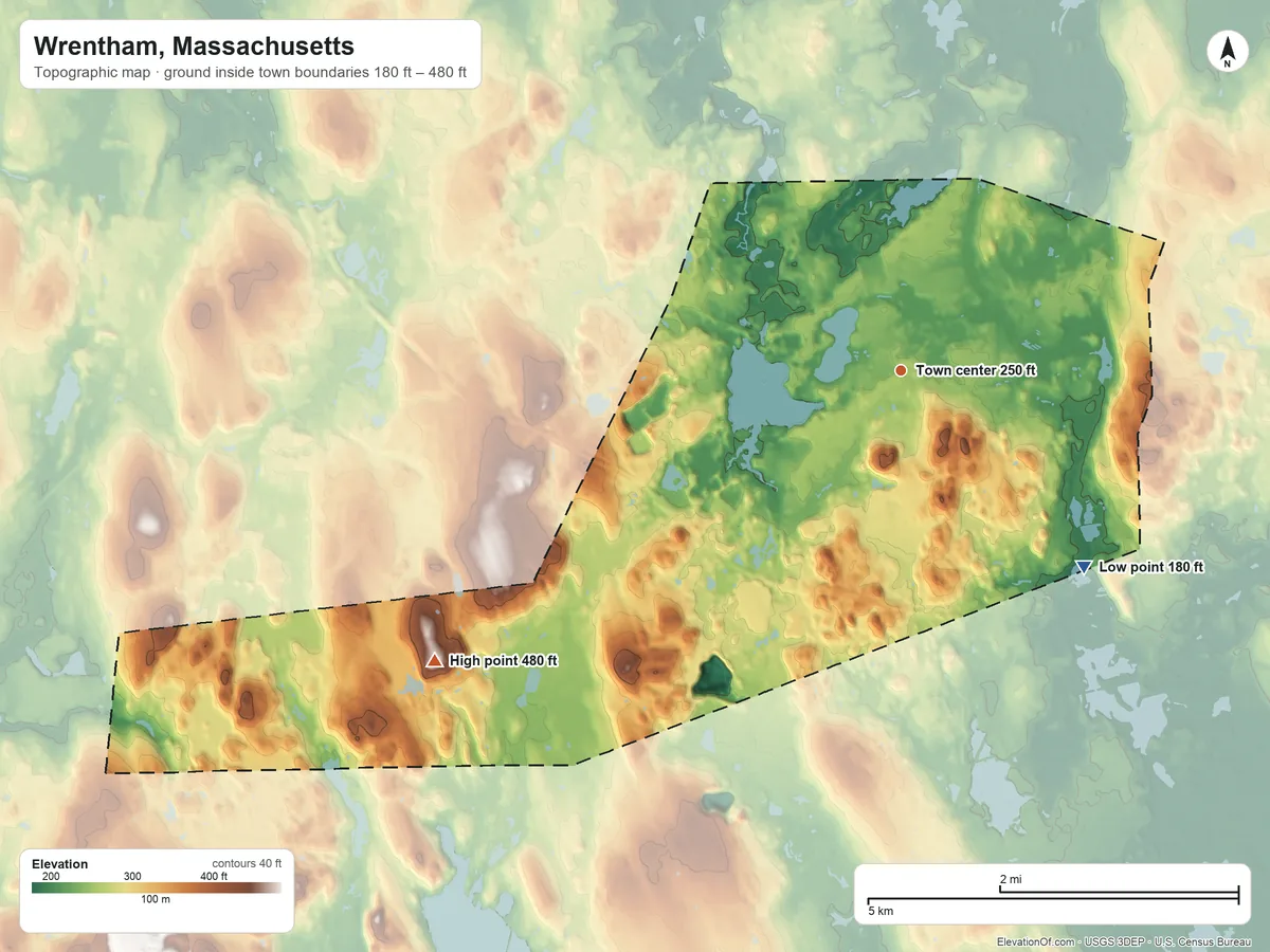 Topographic elevation map of Wrentham, Massachusetts, shaded from 180 ft on the southeast side to 480 ft on Bucks Hill