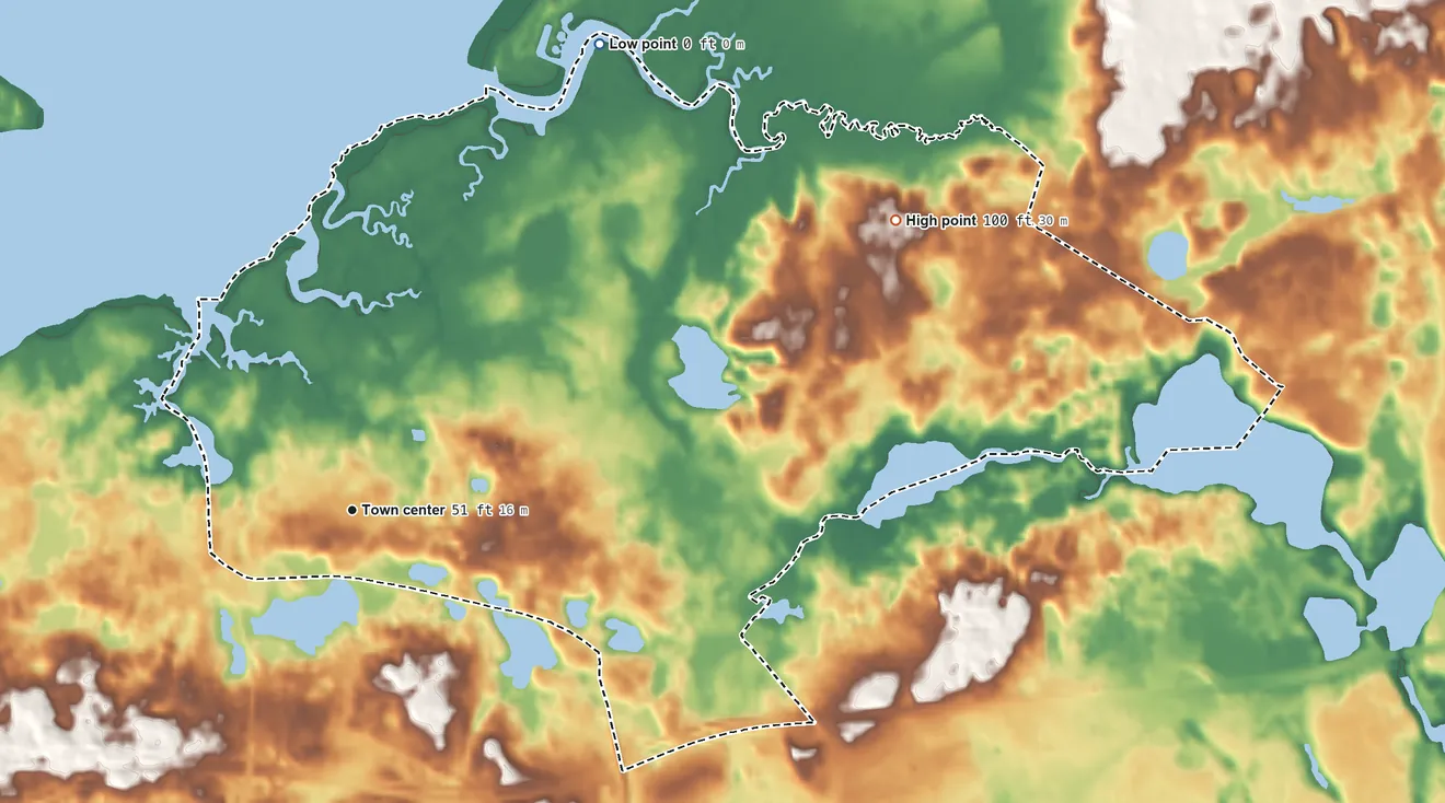 Topographic elevation map of Yarmouth Port, Massachusetts, shaded from sea level level on Chase Garden Creek to 100 ft on the northeast side