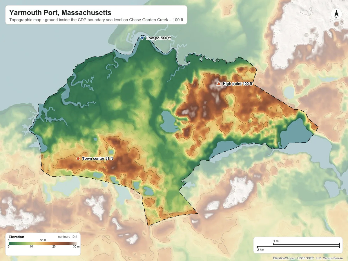 Topographic elevation map of Yarmouth Port, Massachusetts, shaded from sea level level on Chase Garden Creek to 100 ft on the northeast side