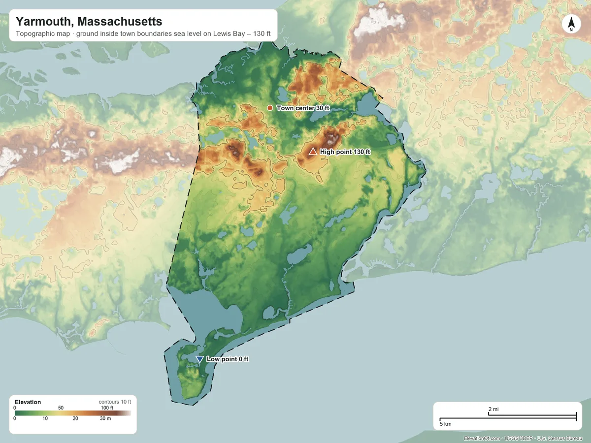 Topographic elevation map of Yarmouth, Massachusetts, shaded from sea level level on Lewis Bay to 130 ft on German hill