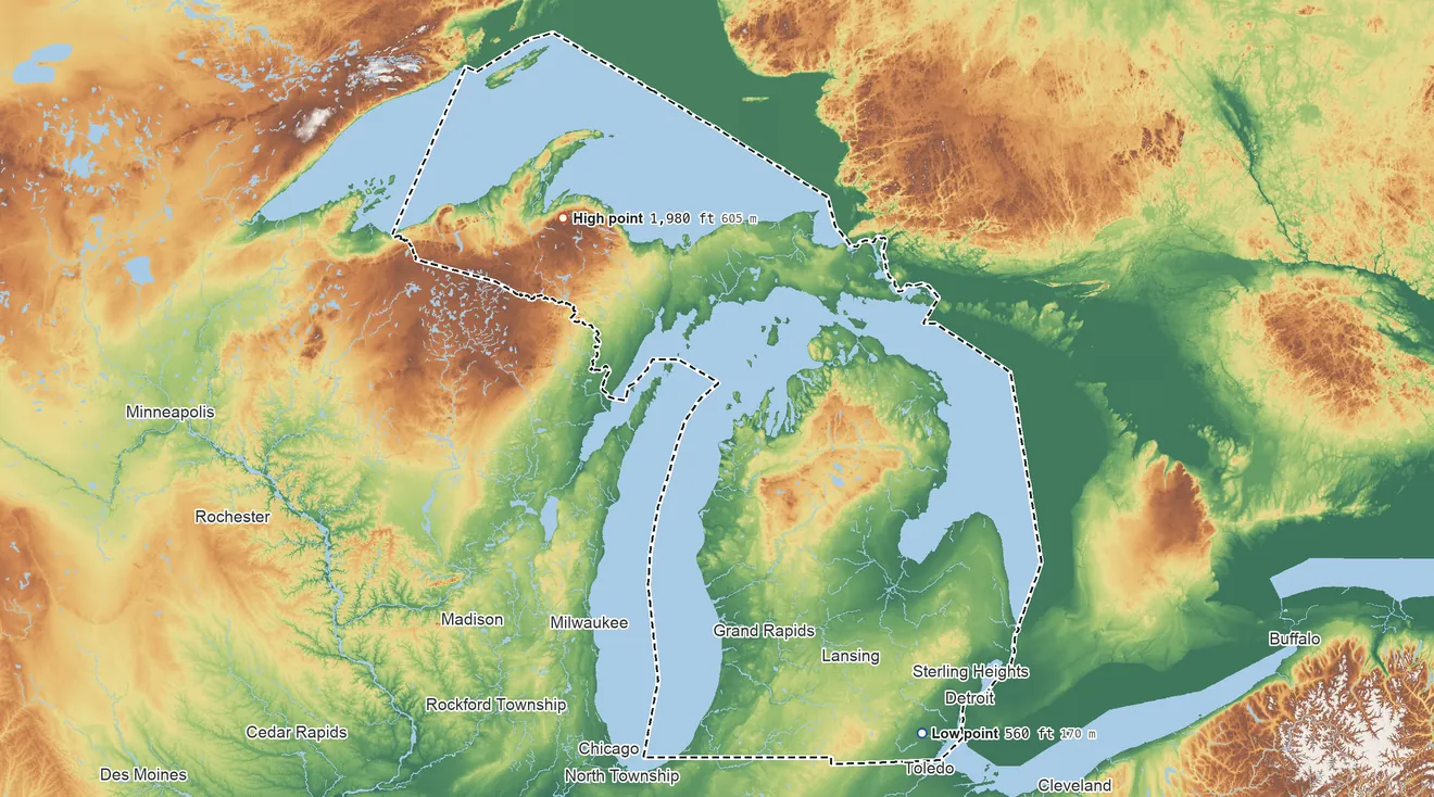 Topographic elevation map of Michigan, shaded from 560 ft on the southeast side to 1,980 ft on Mount Curwood