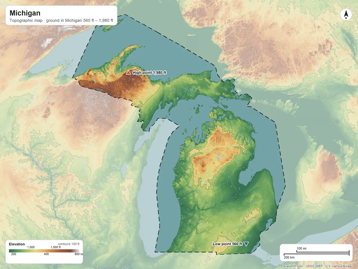 Topographic elevation map of Michigan, shaded from 560 ft on the southeast side to 1,980 ft on Mount Curwood