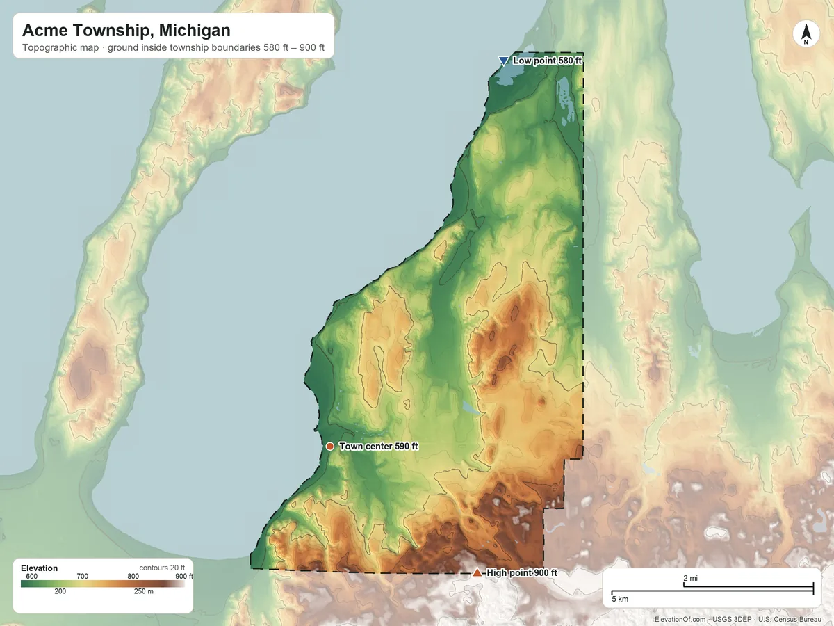 Topographic elevation map of Acme Township, Michigan, shaded from 580 ft on the northeast side to 900 ft on the southeast side