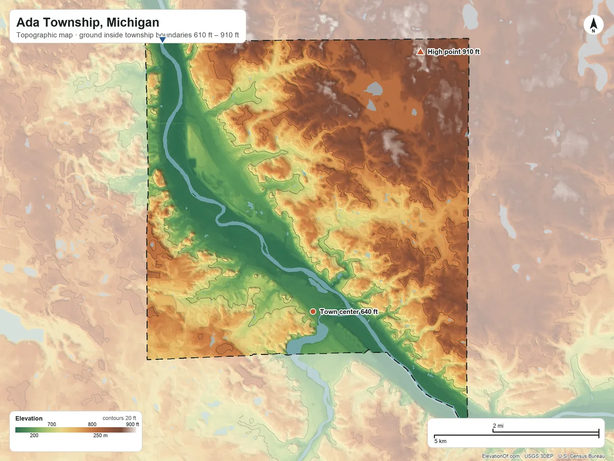 Topographic elevation map of Ada Township, Michigan, shaded from 610 ft on the northwest side to 910 ft on the north side