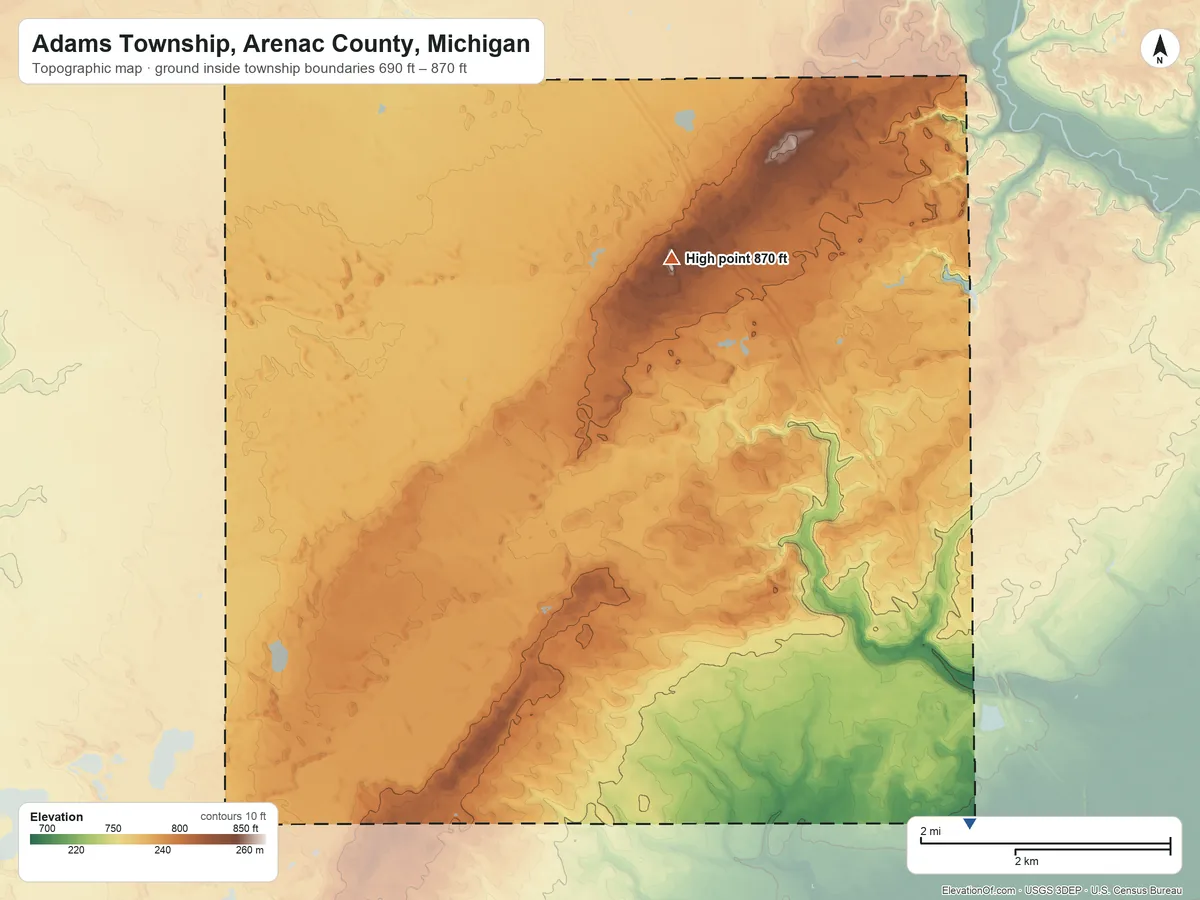 Topographic elevation map of Adams Township, Arenac County, Michigan, shaded from 690 ft on the southeast side to 870 ft on the north side