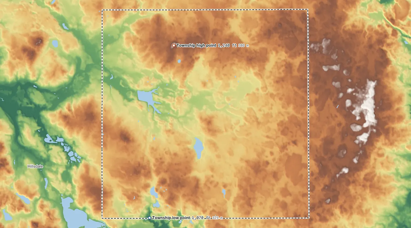 Topographic elevation map of Adams Township, Hillsdale County, Michigan, shaded from 1,070 ft on the southwest side to 1,240 ft on the northwest side
