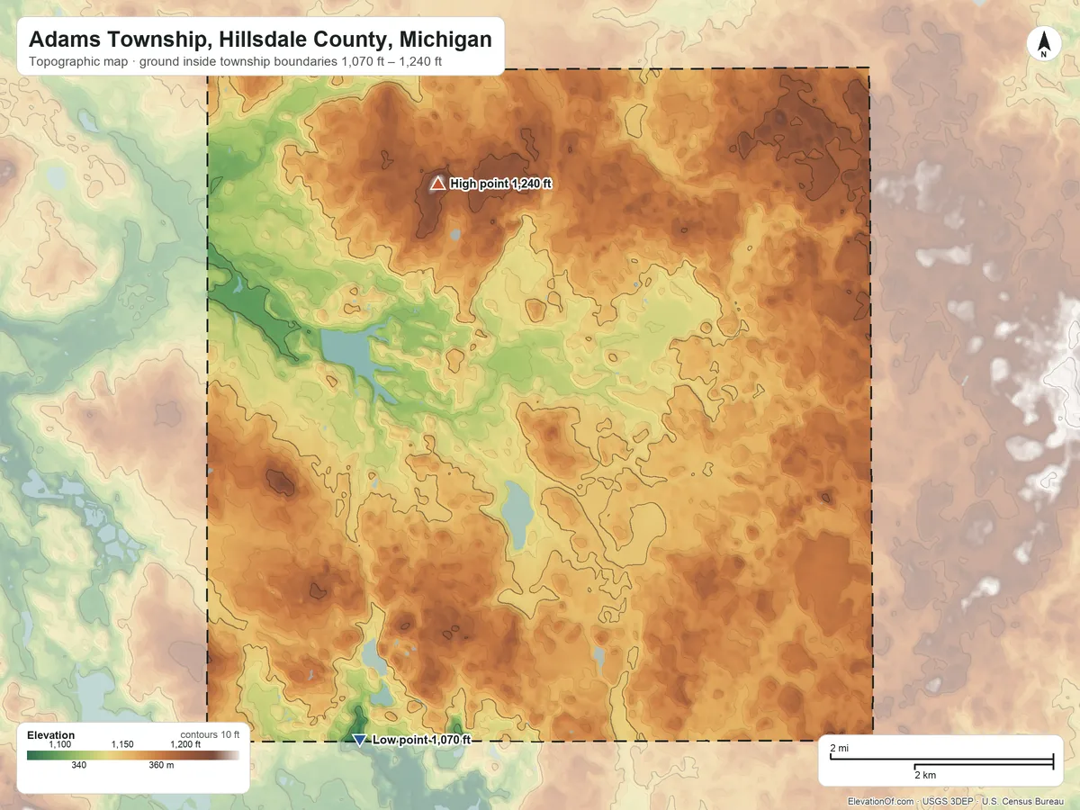 Topographic elevation map of Adams Township, Hillsdale County, Michigan, shaded from 1,070 ft on the southwest side to 1,240 ft on the northwest side