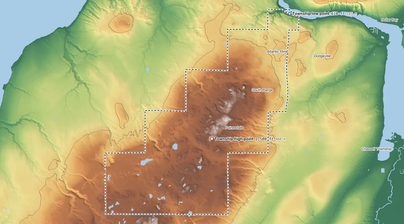 Topographic elevation map of Adams Township, Michigan, shaded from 610 ft on the northeast side to 1,500 ft on Tolonen Hill