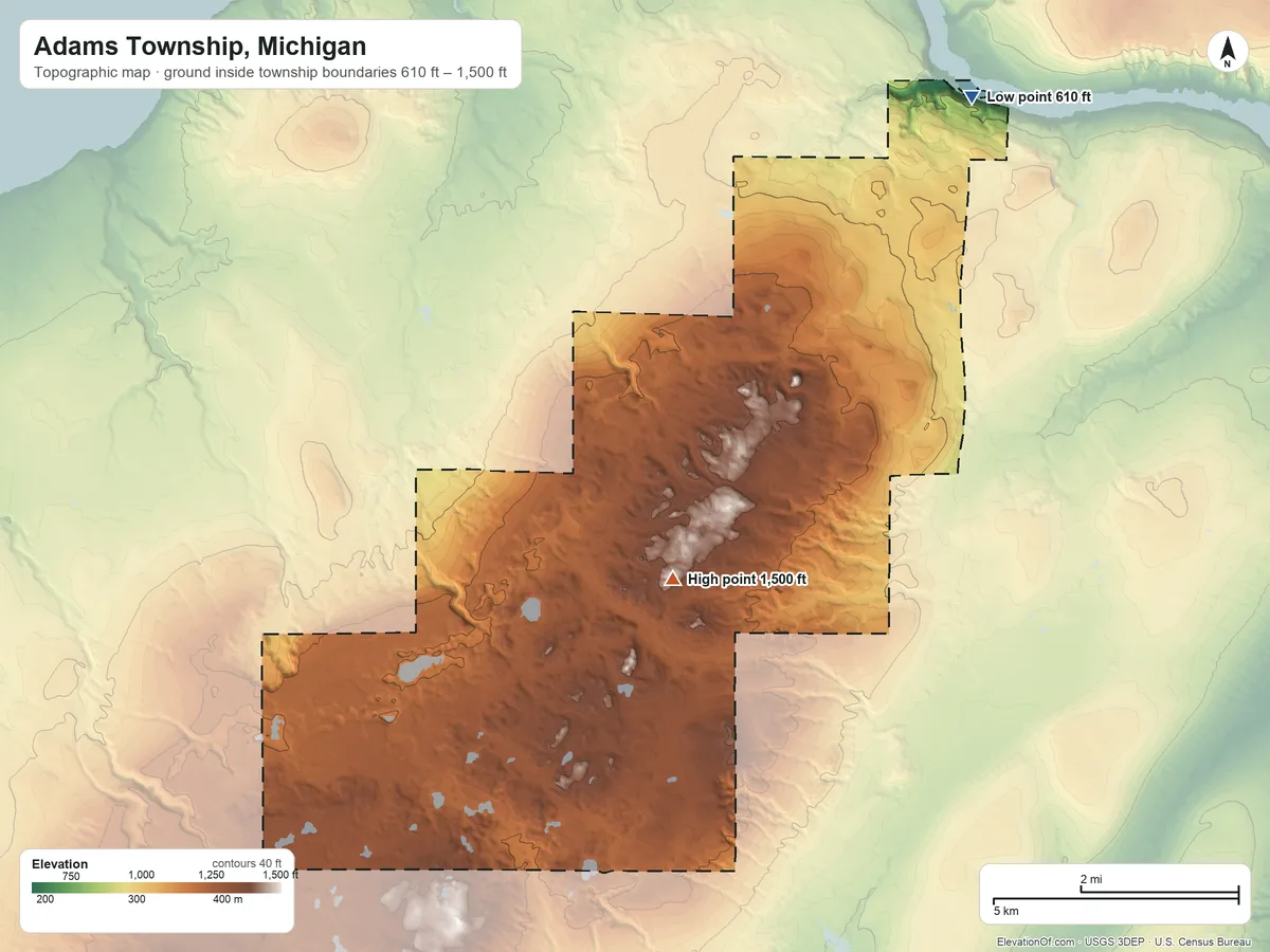 Topographic elevation map of Adams Township, Michigan, shaded from 610 ft on the northeast side to 1,500 ft on Tolonen Hill