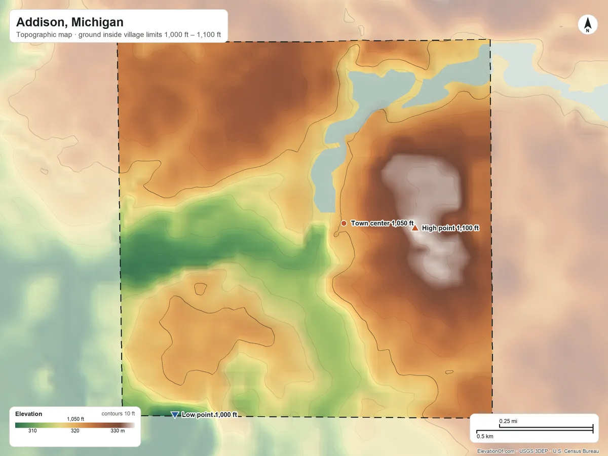 Topographic elevation map of Addison, Michigan, shaded from 1,000 ft on the southwest side to 1,100 ft on the east side