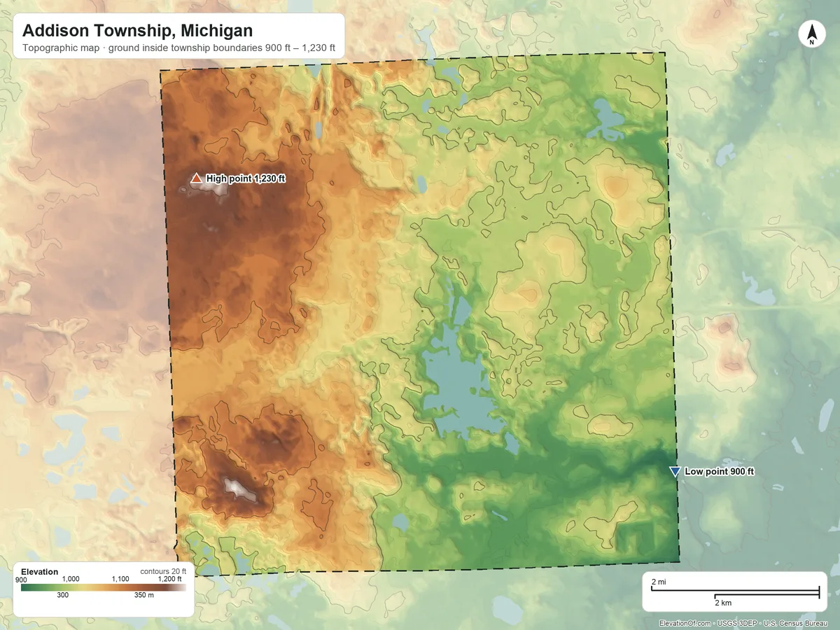 Topographic elevation map of Addison Township, Michigan, shaded from 900 ft on the southeast side to 1,230 ft on the northwest side