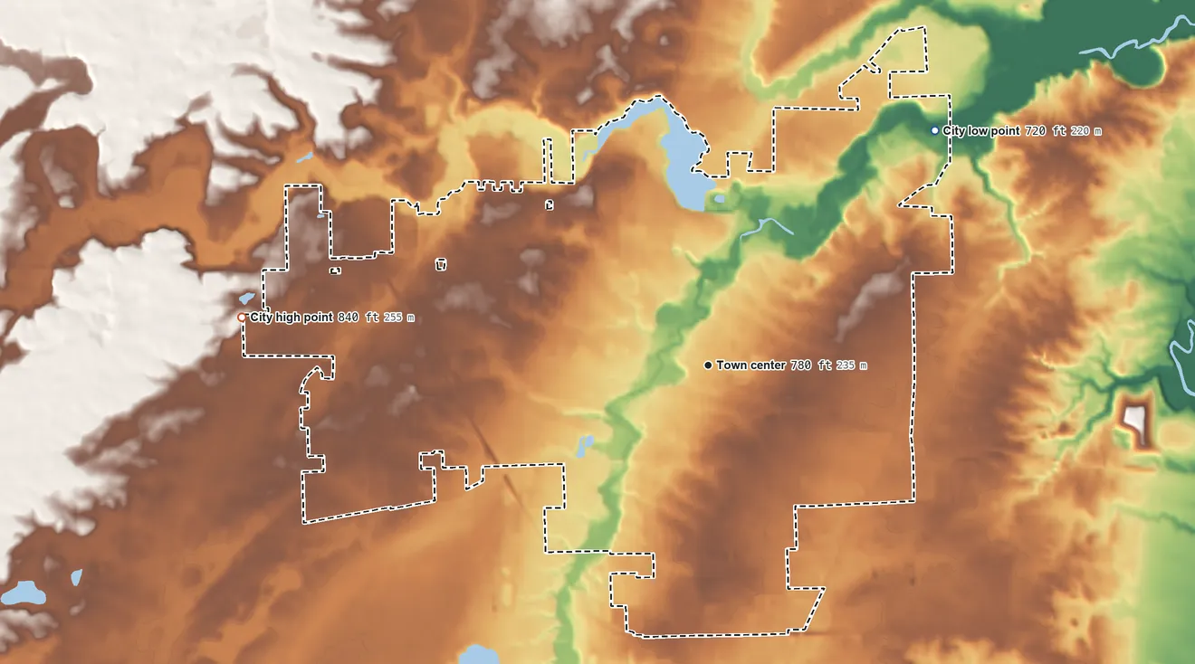 Topographic elevation map of Adrian, Michigan, shaded from 720 ft on the northeast side to 840 ft on the west side