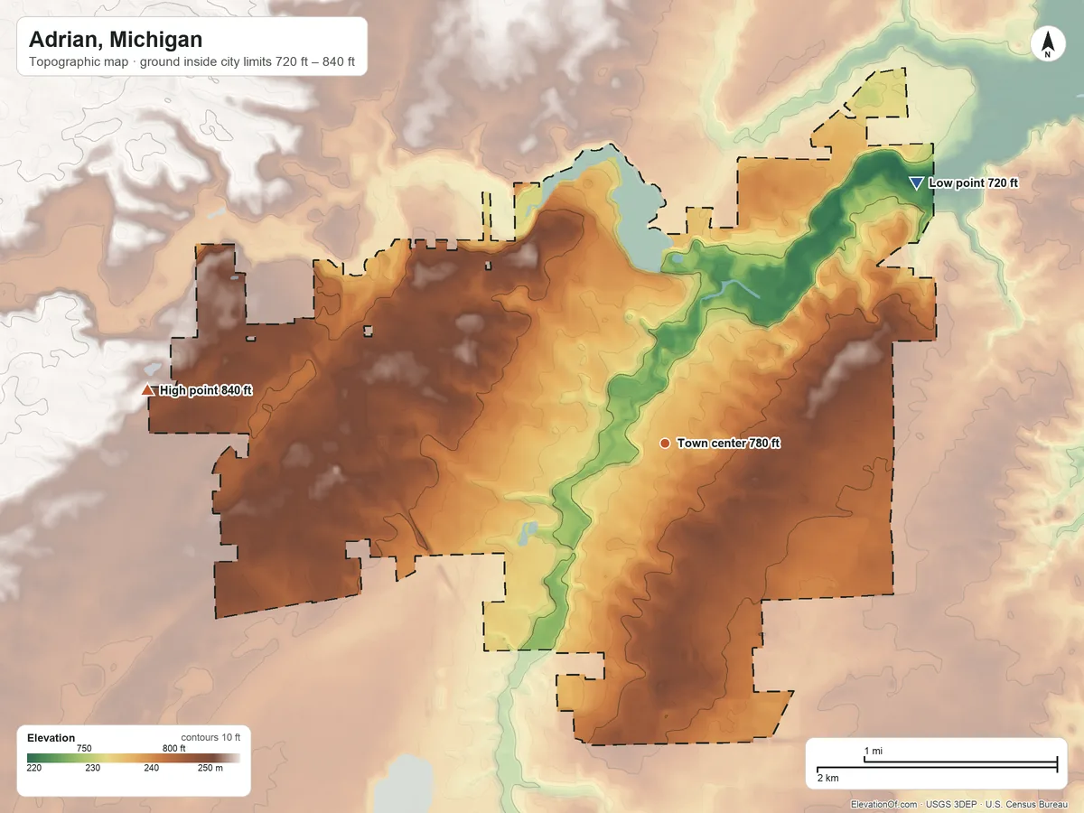 Topographic elevation map of Adrian, Michigan, shaded from 720 ft on the northeast side to 840 ft on the west side