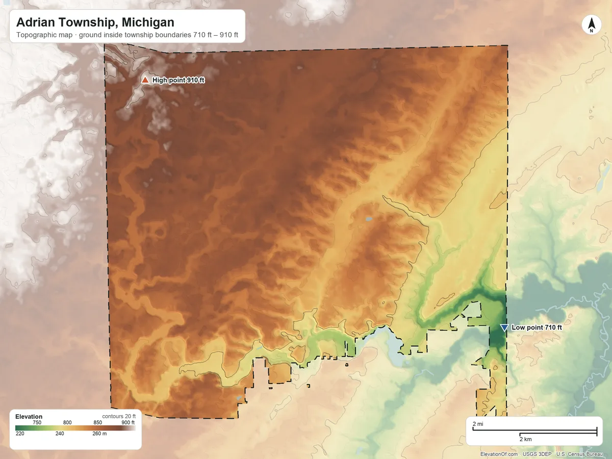 Topographic elevation map of Adrian Township, Michigan, shaded from 710 ft on the east side to 910 ft on the northwest side