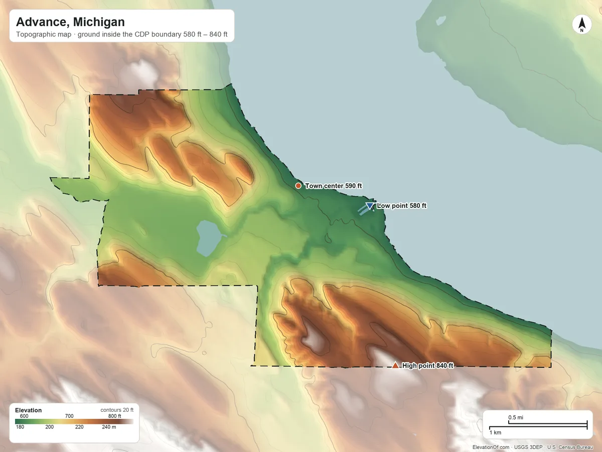 Topographic elevation map of Advance, Michigan, shaded from 580 ft on the east side to 840 ft on the southeast side