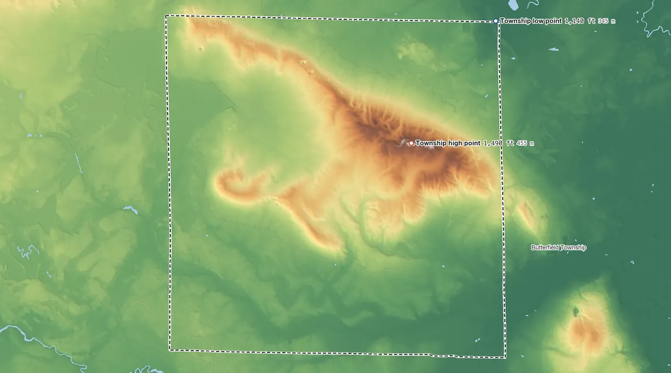 Topographic elevation map of Aetna Township, Missaukee County, Michigan, shaded from 1,140 ft on the northeast side to 1,490 ft on the east side