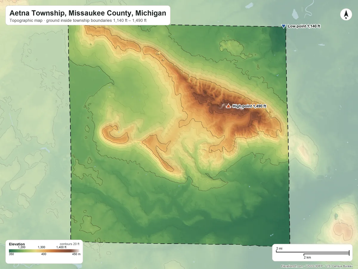 Topographic elevation map of Aetna Township, Missaukee County, Michigan, shaded from 1,140 ft on the northeast side to 1,490 ft on the east side
