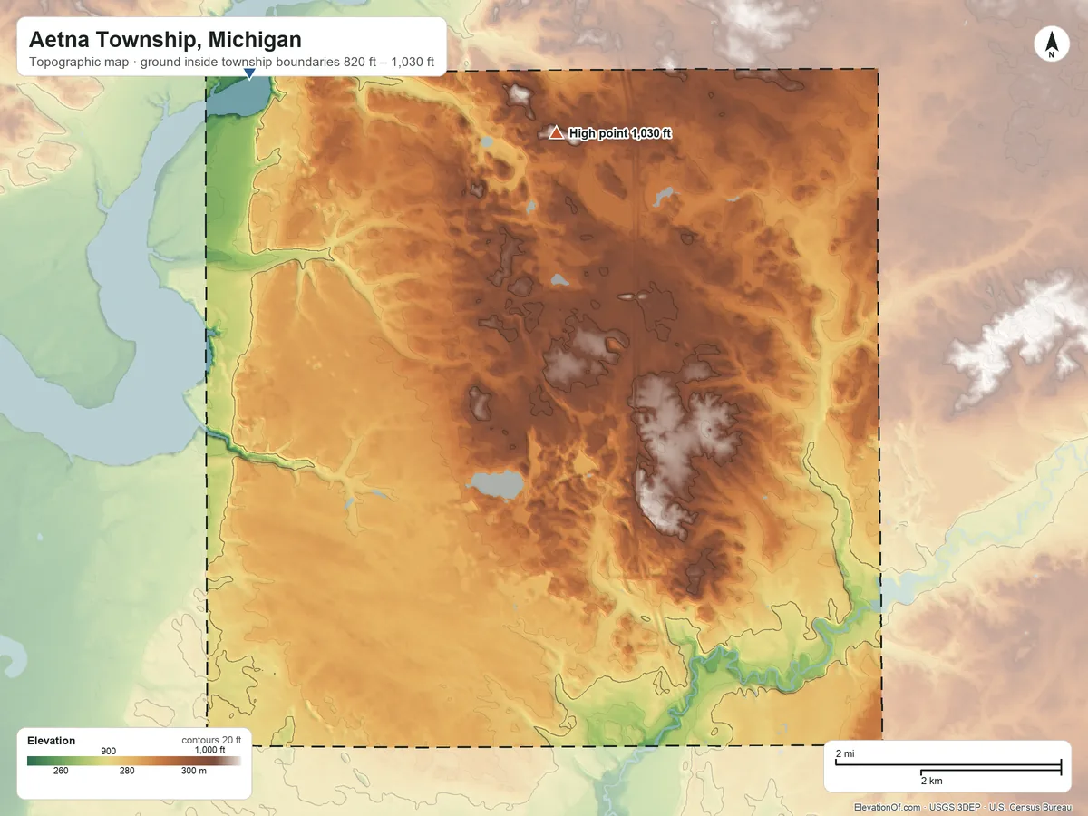 Topographic elevation map of Aetna Township, Michigan, shaded from 820 ft on the northwest side to 1,030 ft on the north side