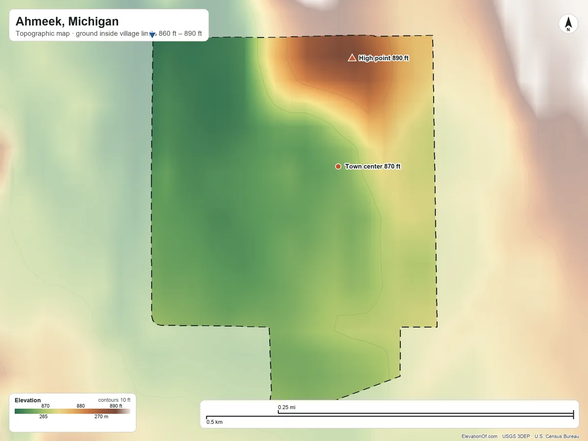 Topographic elevation map of Ahmeek, Michigan, shaded from 860 ft on the northwest side to 890 ft on the north side