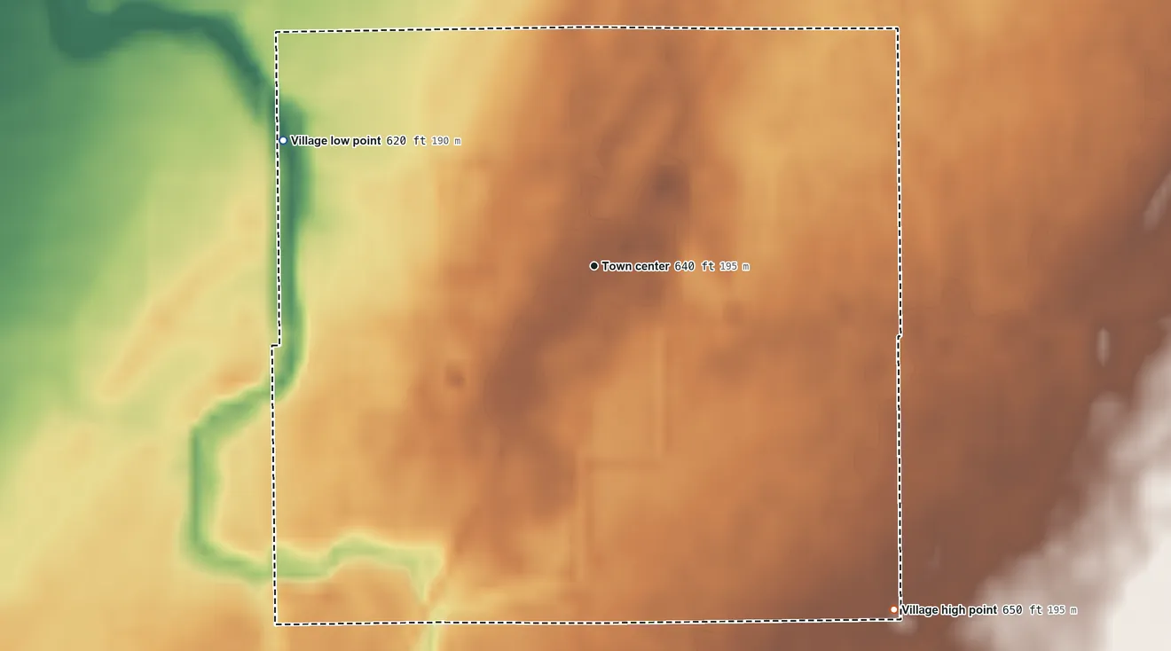 Topographic elevation map of Akron, Michigan, shaded from 620 ft on the west side to 650 ft on the southeast side