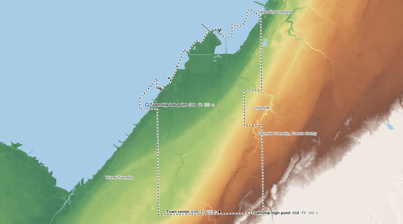 Topographic elevation map of Akron Township, Michigan, shaded from 580 ft on the northwest side to 660 ft on the east side