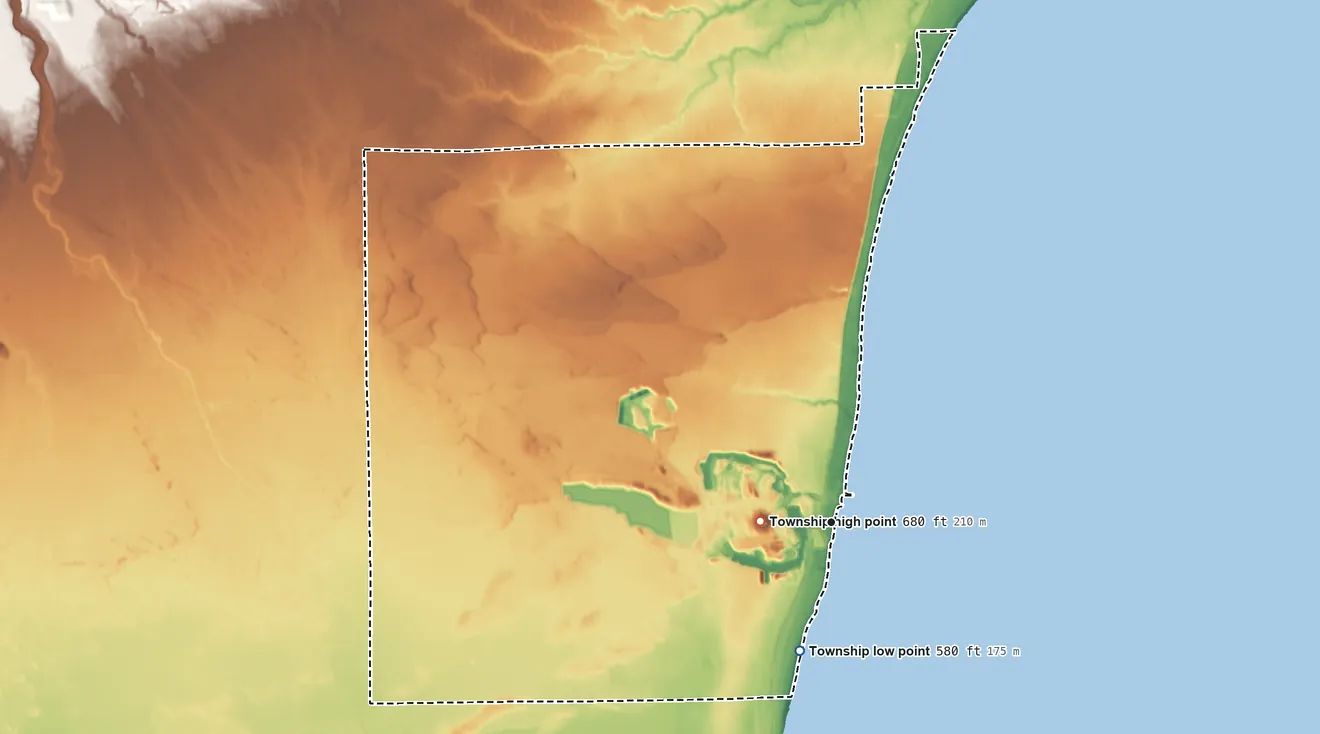 Topographic elevation map of Alabaster Township, Michigan, shaded from 580 ft on the south side to 680 ft near the middle