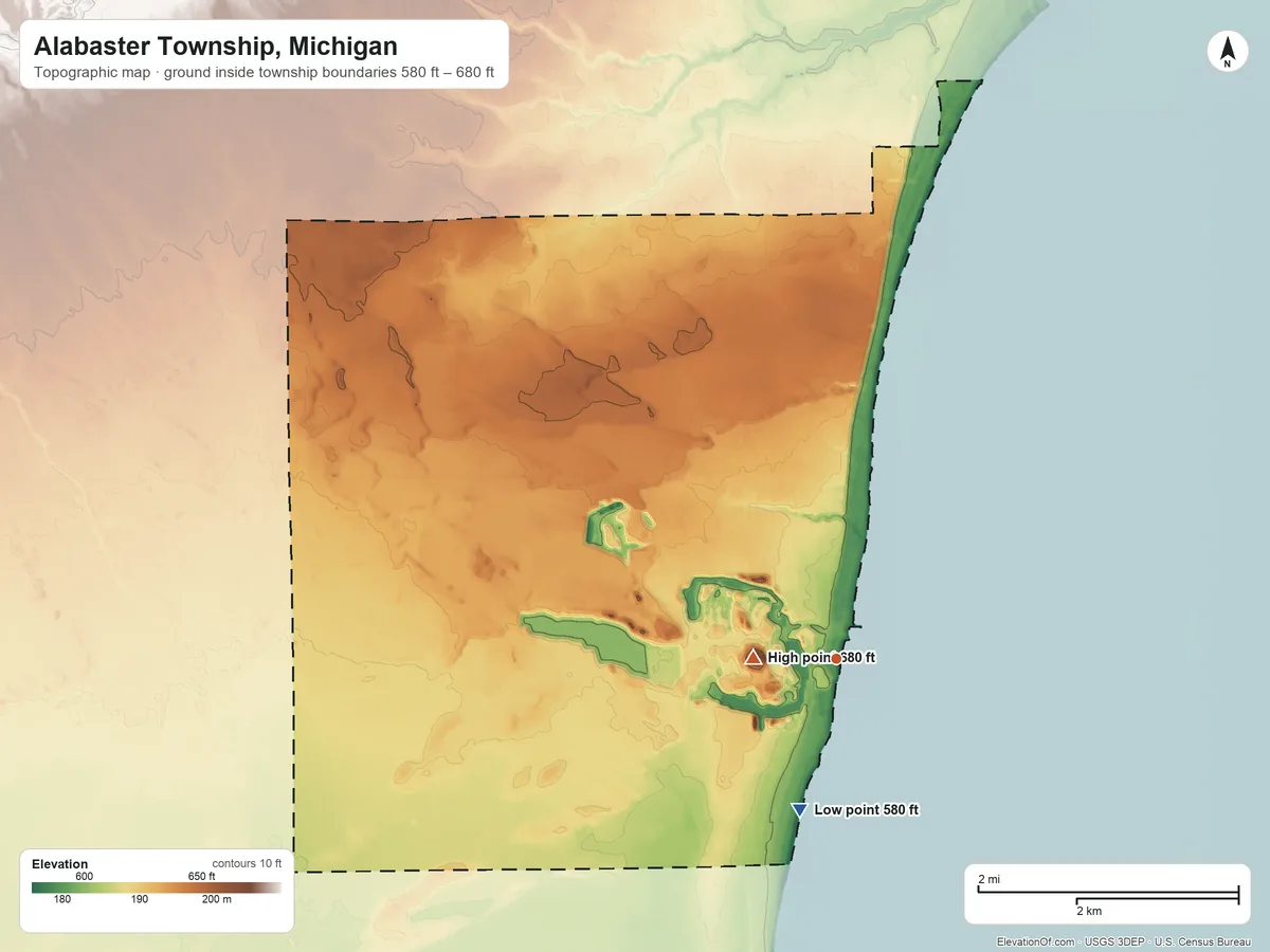 Topographic elevation map of Alabaster Township, Michigan, shaded from 580 ft on the south side to 680 ft near the middle
