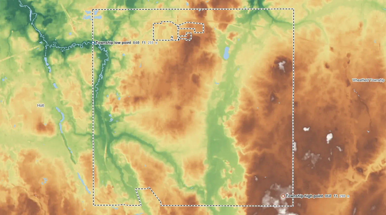 Topographic elevation map of Alaiedon Township, Michigan, shaded from 840 ft on the northwest side to 960 ft on the southeast side