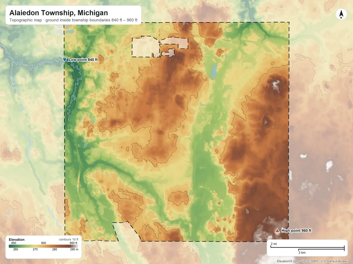 Topographic elevation map of Alaiedon Township, Michigan, shaded from 840 ft on the northwest side to 960 ft on the southeast side
