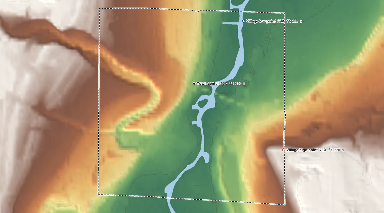 Topographic elevation map of Alanson, Michigan, shaded from 590 ft on the northeast side to 710 ft on the southeast side