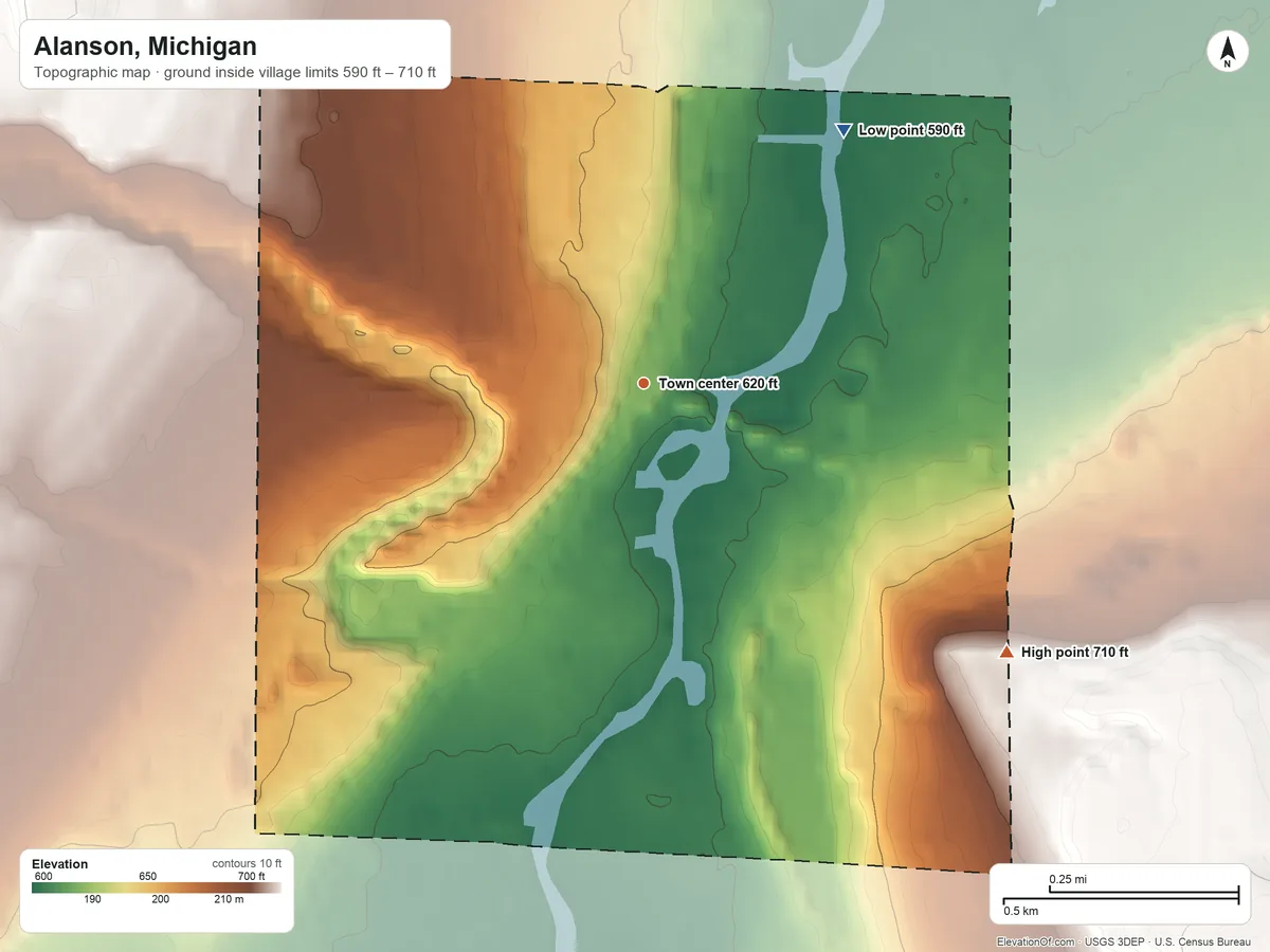 Topographic elevation map of Alanson, Michigan, shaded from 590 ft on the northeast side to 710 ft on the southeast side