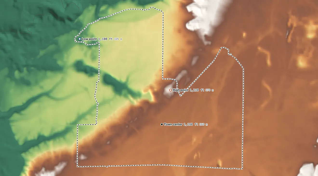 Topographic elevation map of Alba, Michigan, shaded from 1,100 ft on the northwest side to 1,210 ft on the north side