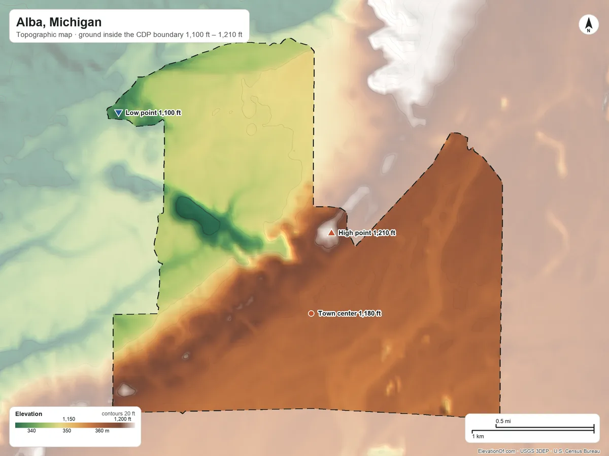 Topographic elevation map of Alba, Michigan, shaded from 1,100 ft on the northwest side to 1,210 ft on the north side