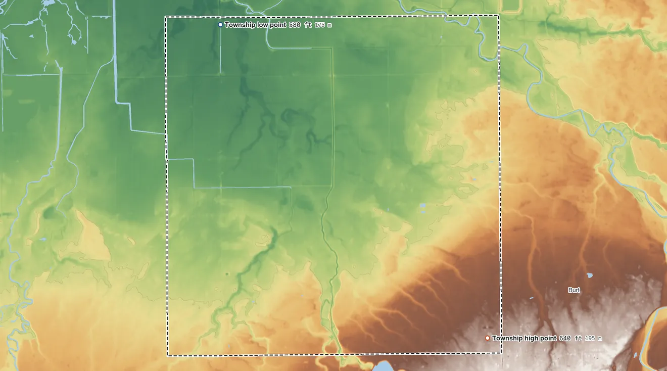 Topographic elevation map of Albee Township, Michigan, shaded from 580 ft on the northwest side to 640 ft on the southeast side