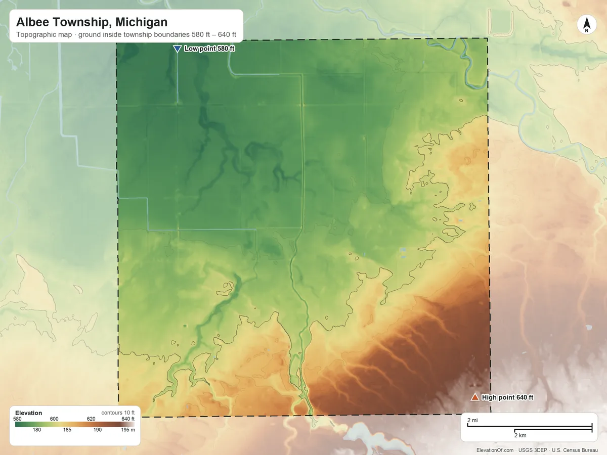 Topographic elevation map of Albee Township, Michigan, shaded from 580 ft on the northwest side to 640 ft on the southeast side