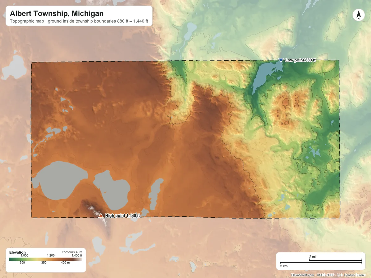 Topographic elevation map of Albert Township, Michigan, shaded from 880 ft on the northeast side to 1,440 ft on Comstock Hills