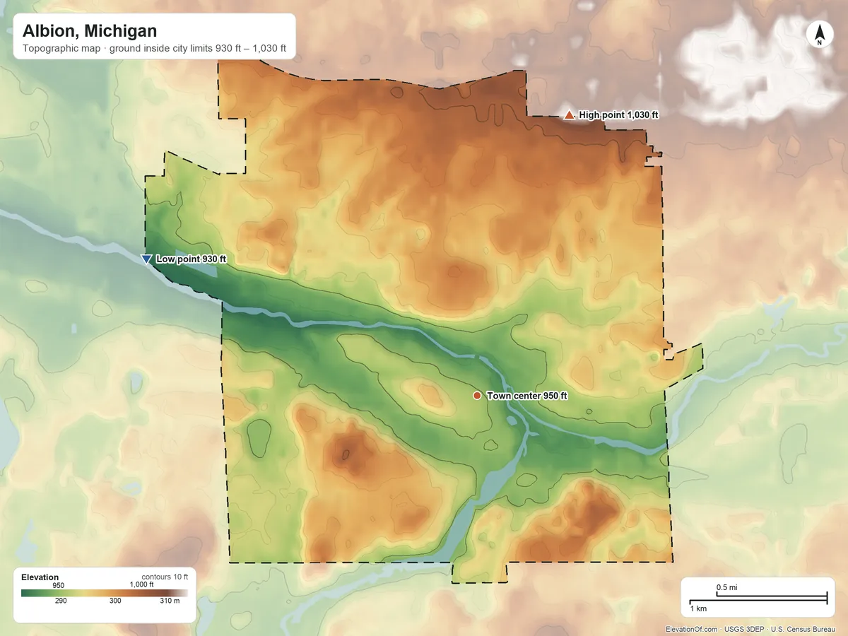 Topographic elevation map of Albion, Michigan, shaded from 930 ft on the west side to 1,030 ft on the north side