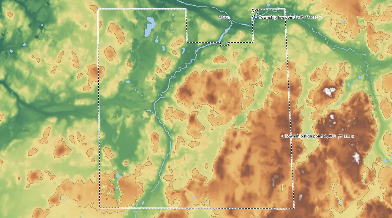 Topographic elevation map of Albion Township, Michigan, shaded from 940 ft on the northeast side to 1,080 ft on the southeast side