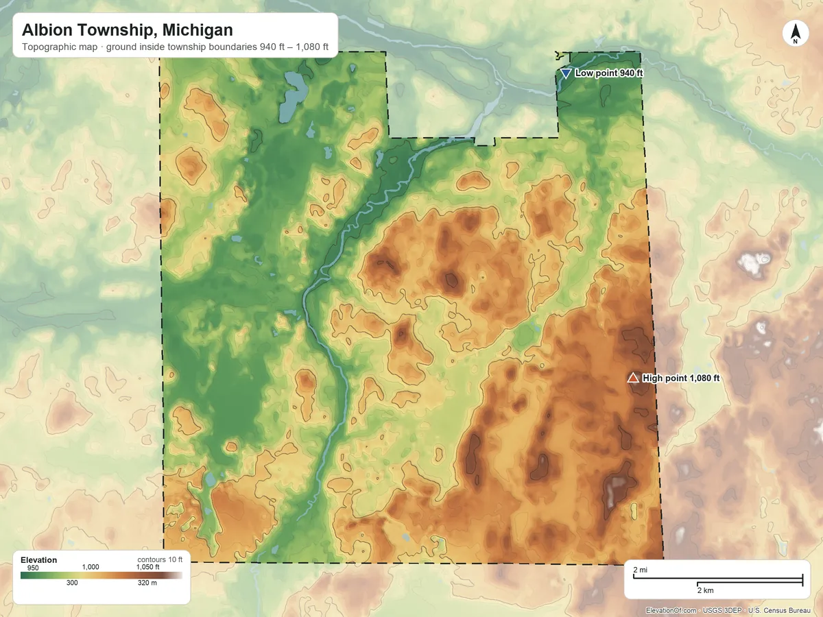 Topographic elevation map of Albion Township, Michigan, shaded from 940 ft on the northeast side to 1,080 ft on the southeast side